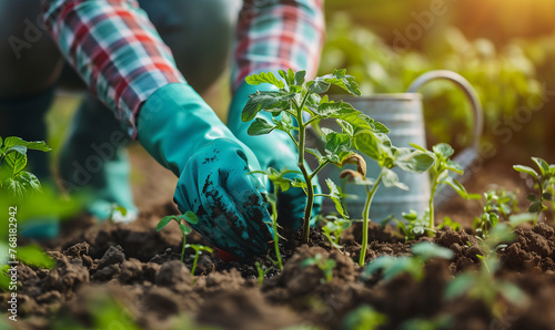 Farmer planting tomato seedlings in garden soil. Sustainable living and homegrown food concept. Design for educational material, gardening blogs.