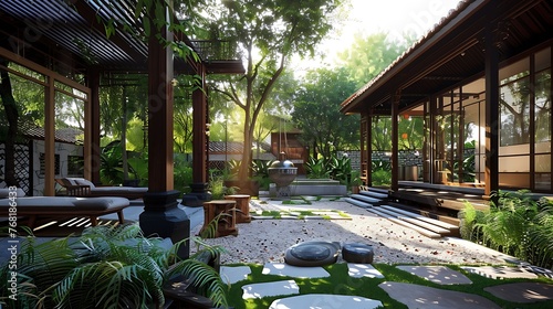 A beautiful courtyard with a Zen garden, stone path, and lush greenery. The perfect place to relax and escape the hustle and bustle of everyday life.