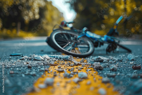 Damaged bicycle on the road after a car accident