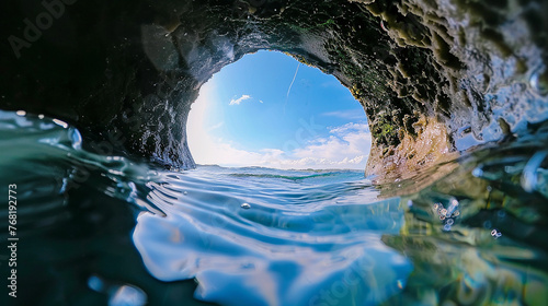  buraco na água com câmera de ação, vista do céu azul