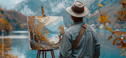 Male artist with an easel on the river bank paints a picture
