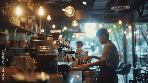 people are serving customers in a cafe by giving coffee to buyers light effect.