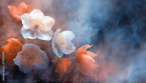 Pomarańczowy i biały kwiat ciemiernik, niebieskie tło, tapeta