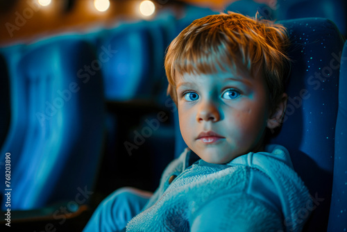 A young boy is sitting in a blue chair in a cinema