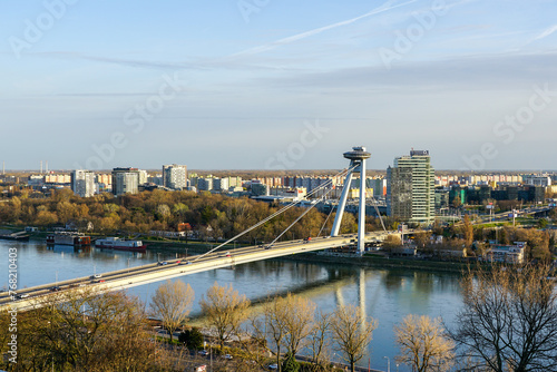 SNP New Bridge through Danube with a steel deck suspended from a single pylon in Bratislava