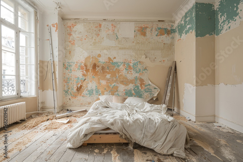 A professional photo of a bedroom undergoing a major renovation.