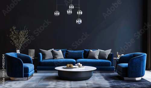 Sala cheia de estilo moderna em tons de azul