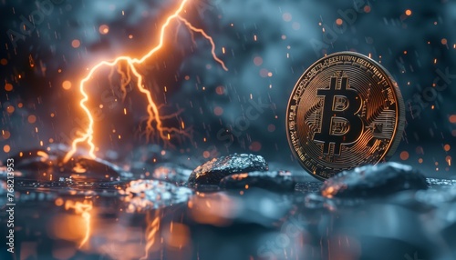 Bitcoin shield repelling economic attacks, fierce storm light, eye-level, fortress