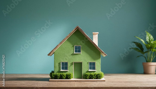 Modèle miniature de maison sur une table, isolée sur fond bleu. Concept construction immobilier vert et durable - IA générative 