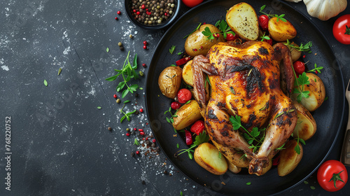 Roasted, baked chicken with potatoes and herbs on dark plate. Grey background. Copy space. Top view. Banner concept