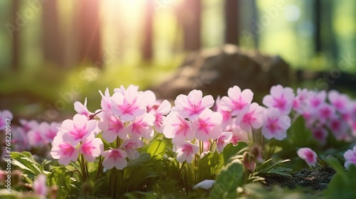 Beautiful primroses flowers growing in the forest with sunlight in nature. Spring forest landscape on blur background.