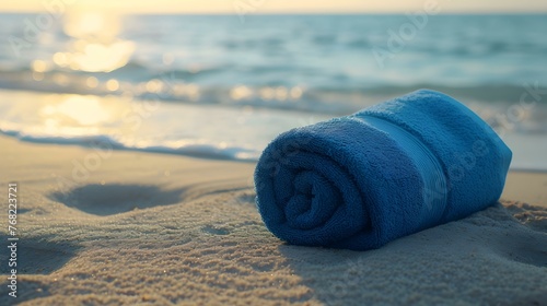 Close up of a blue rolled Towel on Beach Sand. Vacation Background with Copy Space