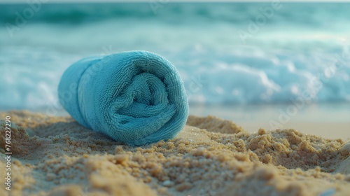 Close up of a light blue rolled Towel on Beach Sand. Vacation Background with Copy Space