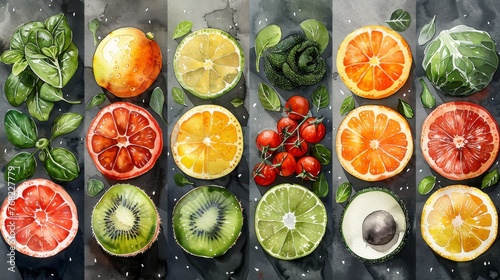 Modern illustration of watercolor vegetables and fruits. Template for your design.