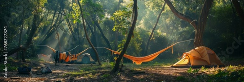 Relaxing in the forest at a campsite, a hanging hammock hangs on the trees near the tents in the rays of the setting sun, banner