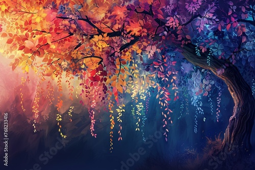 Immerse yourself in a mesmerizing background showcasing a tree embellished with vibrant leaves hanging from its branches in a colorful display