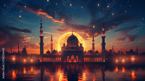 Starry night over a mosque with a crescent moon, embodying the celebration of Muslim traditions of Ramadan, Eid al-Fitr, and Eid al-Adha for design and print