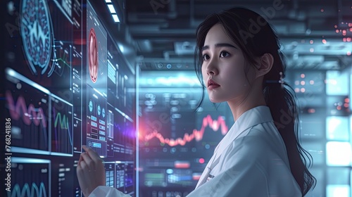 A female doctor analyzes medical data on a board, showcasing expertise and knowledge in healthcare. Digital illustration highlights her focused expression and data-driven insights. 📊👩‍⚕️