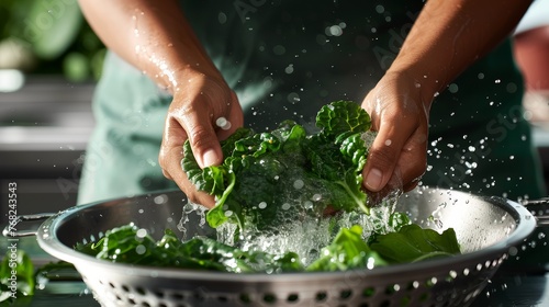Rinsing fresh spinach leaves in a colander under running water. Kitchen action shot with dynamic water spray.
