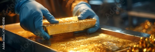 Shiny gold bar held by a hand in blue protective glove on a golden background with reflection