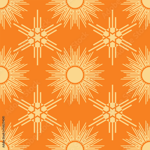 Seamless pattern with simple ornament. Beige decorative objects on an orange background. Retro palette. Vector illustration