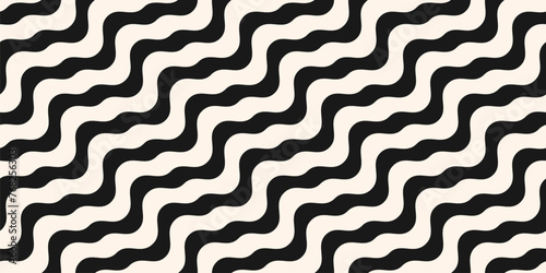 Black and white diagonal wavy lines seamless pattern. Vector abstract liquid stripes background. Simple monochrome texture with diagonal waves, fluid shapes. Groovy repeated design for decor, print