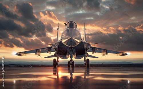 Fighter jet on runway at sunset military aircraft ready for takeoff wallpaper
