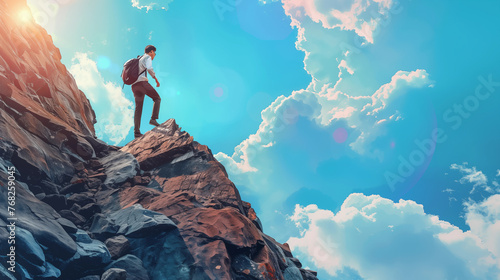 Man standing on top of a mountain, symbolizing success achievements and overcoming obstacles