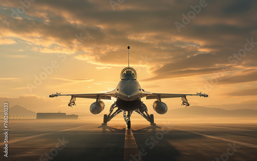 Front view of a Combat Fighter Jet on the runway at dawn