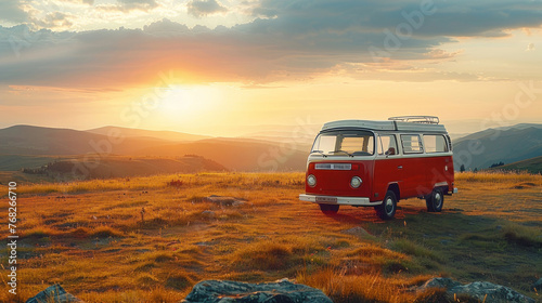  Vintage camper van in beautiful nature at sunset, A concept of freedom, adventure, and the joy of travel