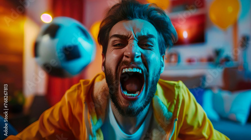 A football fan. Portrait of an emotional man in shock screaming yawning of joy or hate. Celebrate the victory of the football team. Concept of sport, fun, support.