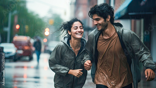 Drenched pair, laughter, running joyfully together.