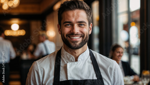 Smiling Male Chef in Black Apron Standing Inside Busy Restaurant During Service Hours