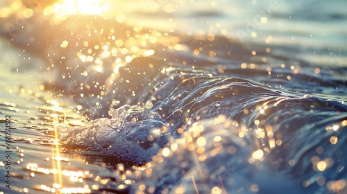 Close-up shot of morning sea waves sparkling under the sun. beach bathed in bokeh sunset glow, ideal for background