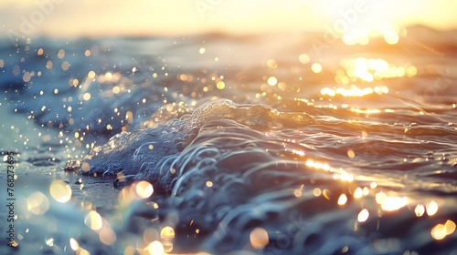 Close-up of morning sea waves with sun's sparkle. beach illuminated by bokeh sunset light perfect for wallpaper background