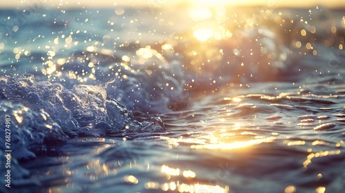 Close-up view of morning sea waves with sun's sparkle. bokeh sunset radiance on summer beach perfect for wallpaper