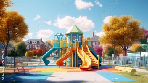 Vibrant outdoor play structure with slides. Colorful playground. Concept of recreation, children's play equipment, public parks, and fun.