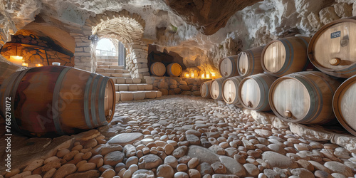 Traditional wine cellar with rows of oak barrels in an ancient stone cave.