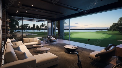 State-of-the-art home golf simulator room with wrap-around screens and putting green
