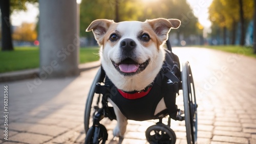 Portrait of happy red dog with disability on a street