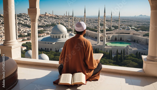 Muslim man sitting and holding Quran with view of mosque, eid ul adha mubarak day background illustration
