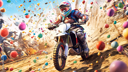 A man is riding a dirt bike through a field of colorful balloons.