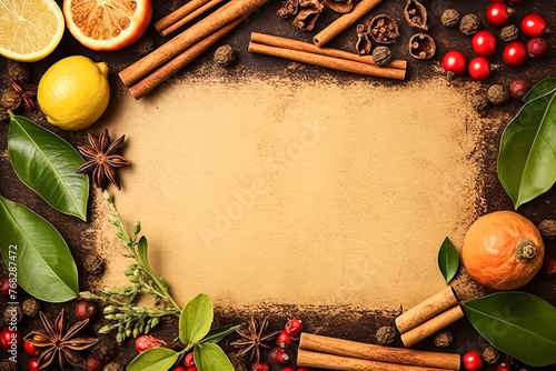 A tray of fruit and spices, including oranges, limes, and cinnamon