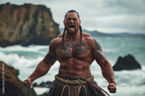 A muscular Maori warrior performs a traditional haka with intense expression on a rugged New Zealand coastline