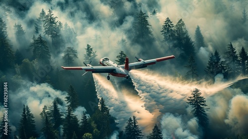 a plane is spraying water on a forest fire