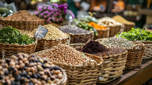 Market display featuring an array of spices and legumes in woven baskets, showcasing a rich tapestry of flavors and colors.