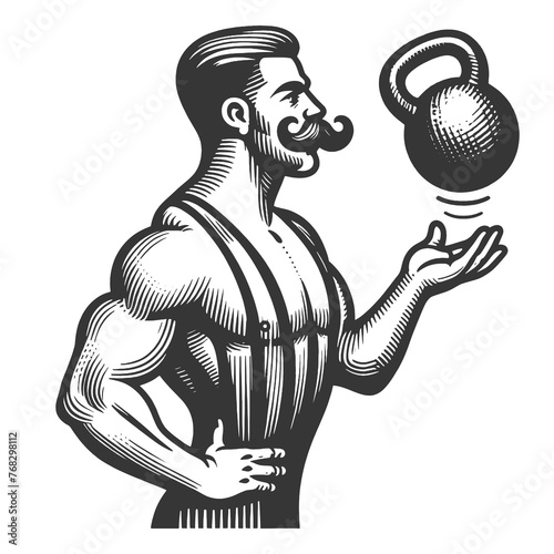 Circus strongman juggles kettlebells weight PNG illustration with transparent background