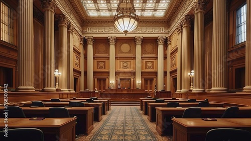 The Supreme Court's empty courtroom awaits, with its grand wooden design, judge's bench, and tables set for the upcoming civil case hearing