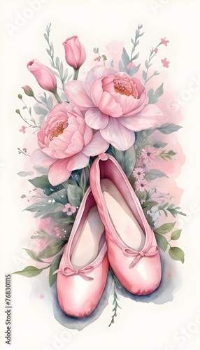 Lovely pink ballerina slippers and flowers illustration.