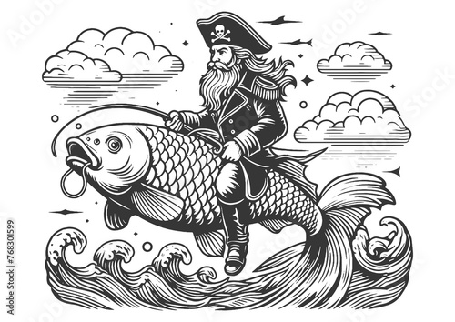 Pirate captain riding fish sketch PNG illustration with transparent background